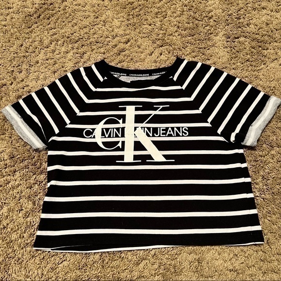 Women’s CK Jeans black and white striped cropped top - Picture 1 of 4